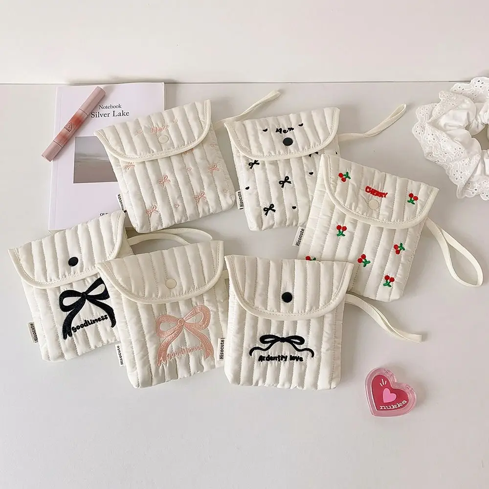 Large Capacity Embroidery Cherry Cosmetic Bag Bowknot Cotton Cloth Sanitary Napkin Storage Bag Korean Style Purse Bow Makeup Bag
