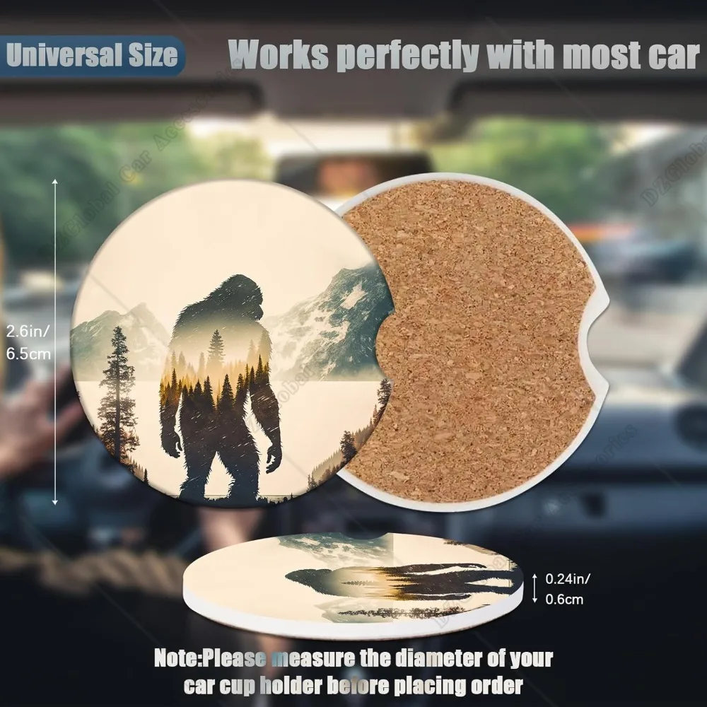 Car Cup Holder Coasters Bigfoot Mountains Forest Absorbent Ceramic Coaster 2 Pack Car Coasters for Cup Holders Car Accessories