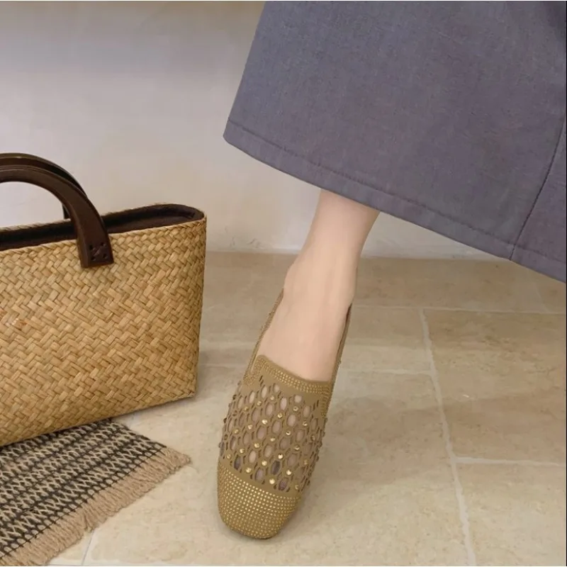 

2026Women's Fashion Square Headed Design Summer Breathable Mesh Slipper Non-slip Flat Pantufa Mujer