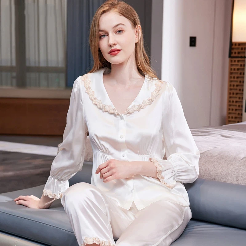Women's Heavyweight 100% Mulberry Silk Pajama Set Lace Long Sleeve Tops and Pants Designer Cardigan Pijamas Homewear Lounge Set