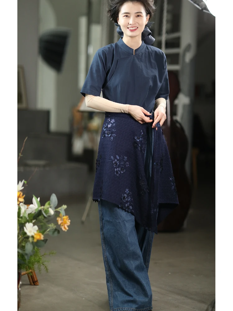 

Ninth Cloud Blue Pearl Flower Embellied Multi-Wear Handwoven Heavy-Work 3D Floral Chinese Sle Wrap Skirt f Skirt