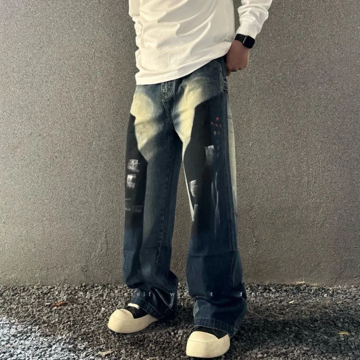 Men's Splashed Ink Washed Denim Jeans Jeans Color-blocking Design Casual Straight Trousers Male Y2k Denim Pants