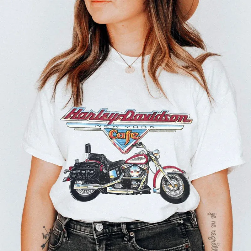 Vintage New York Motorcycle Printing Vintage Style Women T Shirts White Short Sleeve Loose Cotton Tees Summer Street Y2K Shirts