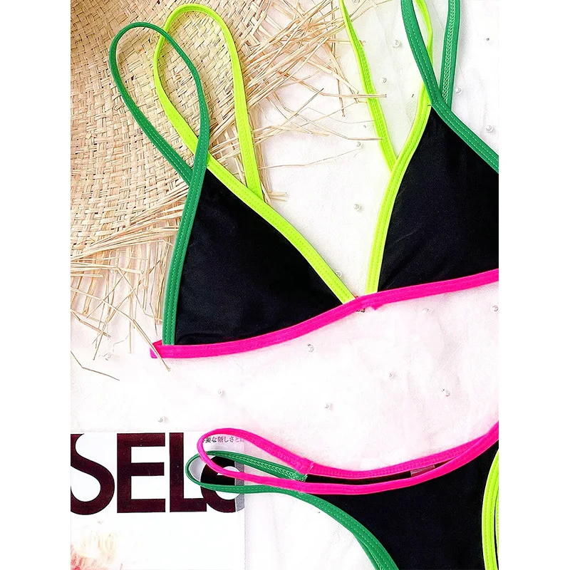 New Women's Two-Piece Bikini Solid Color Drawstring Double Strap Beach Sports In-Stock Swimsuit