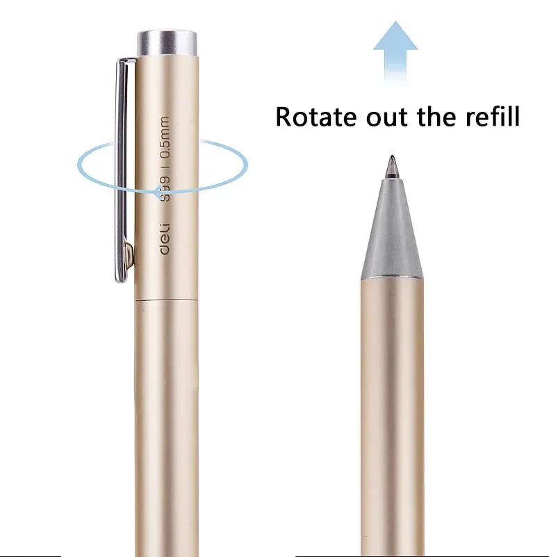 Imagem -04 - Substituível Metal Gel Pen Grupo Deli tipo Rolo Caneta Esferográfica Tinta Preta Papelaria Escolar Material de Escritório 0.5 mm Pcs