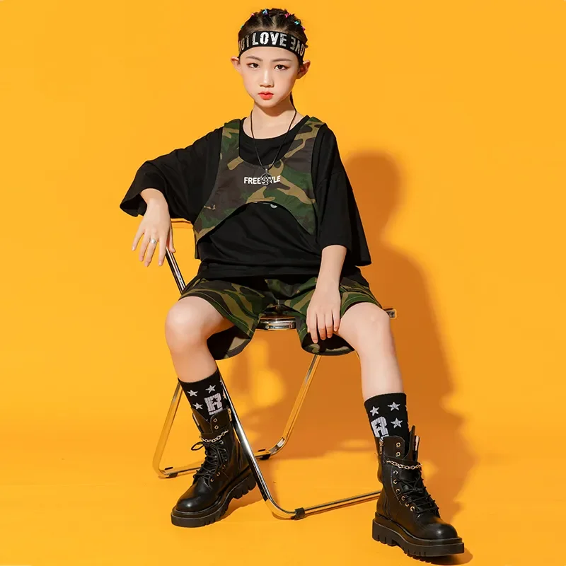 Cool Streetwear Vest Tshirt Camo Shorts For Girls Boys Jazz Dance Costume Clothes Street Wear Kids Hip Hop Clothing Outfits