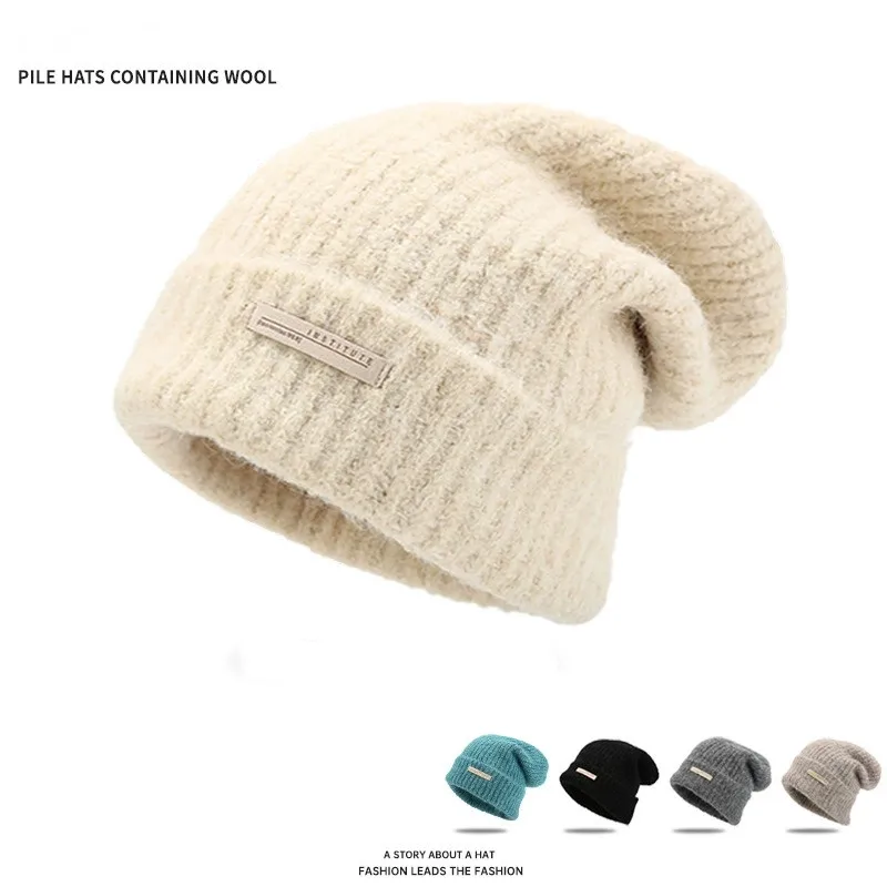 Autumn Winter Wool Blend Slouchy Beanie for Big Head Korean Skullie Cap Warm Knitted Pullover Hat