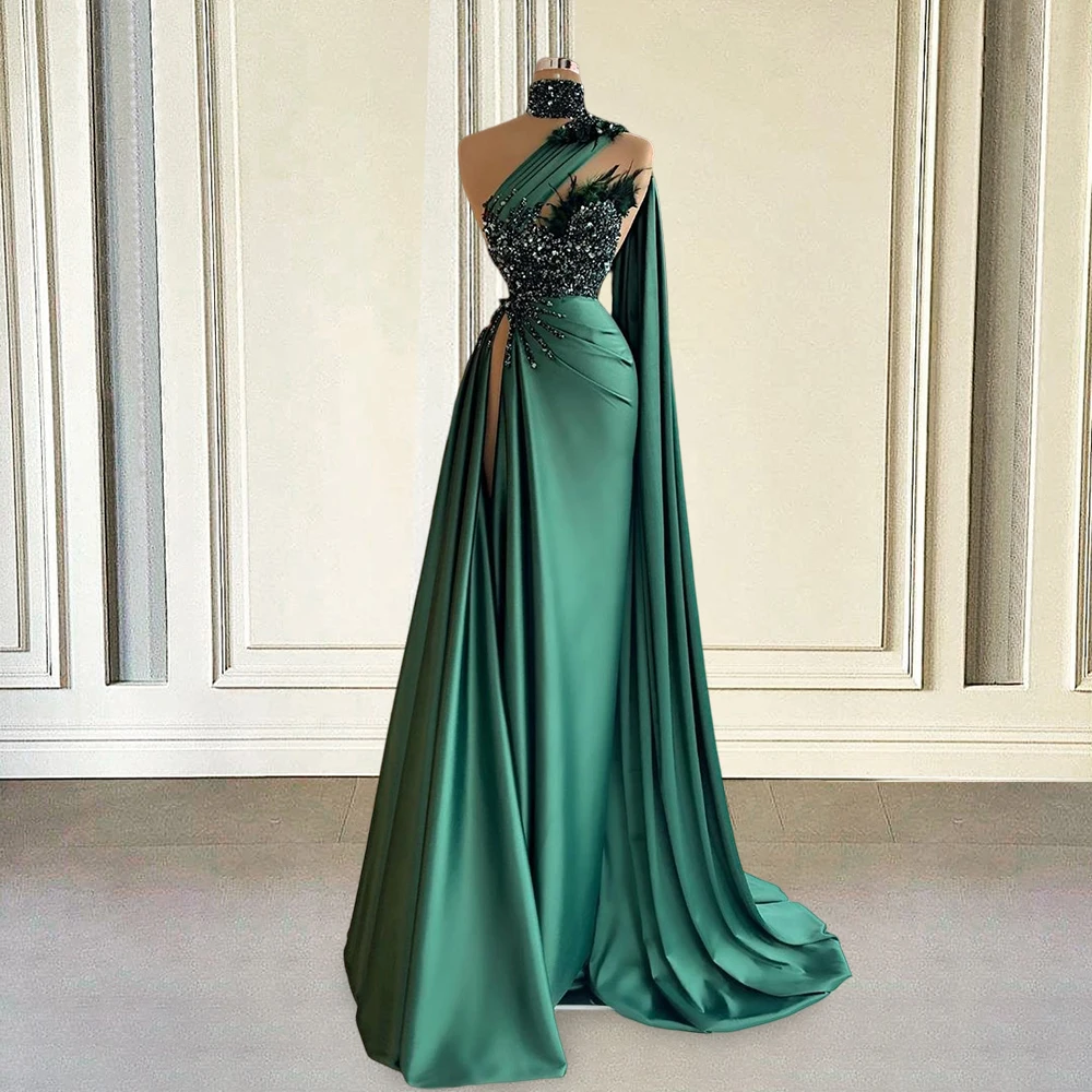 One Shoulder Satin Evening Dresses Long 2024 Luxury Bead Feather High Slit with Cape Green Arabic Women Formal For Wedding Party