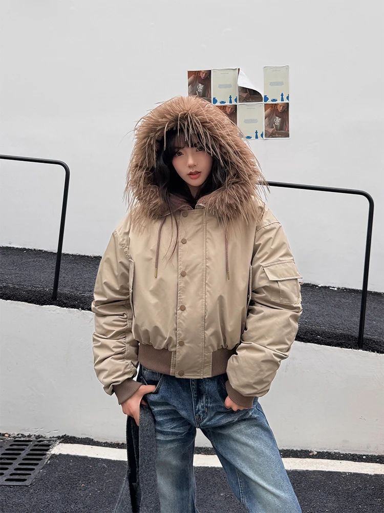 URKR Street Retro Abrigo de piloto con capucha para mujer relleno de algodón Thiened American Sle ort algodón picante Jaet cálido largo Sve