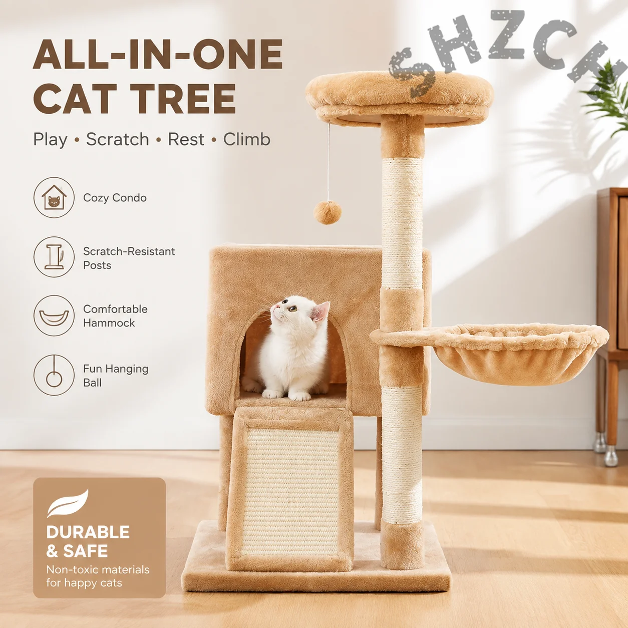 Premium Cat Tower Double Condos Sisal Scratching Posts Spacious Perch Hammock Dangling Toys for Cats