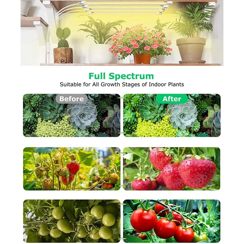 Tiras de luces LED para cultivo de plantas, luces de cultivo de espectro completo para plantas de interior con temporizador de encendido/apagado automático de 3/9/12H, 192 LED