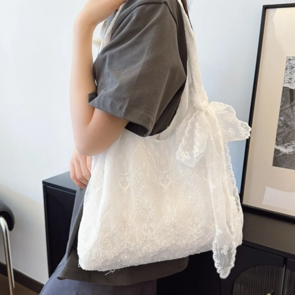 

Simple Embroidery Lace Shoulder Bag With Ribbon Korean Style Canvas Handbag Cloth Tote Bag Large Capacity Bag Travel