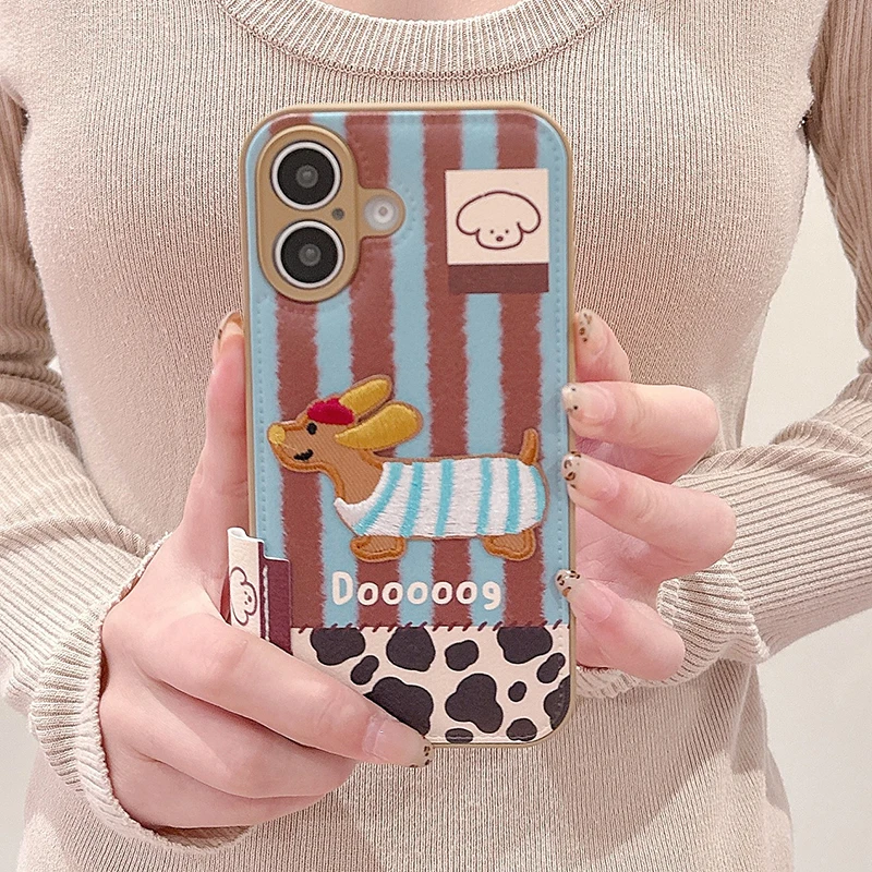 Lovely Embroidered Puppy Dog Leather Drum Bag Case For iPhone 11 12 13 14 15 16 17 Pro Max Shockproof Phone Back Cover