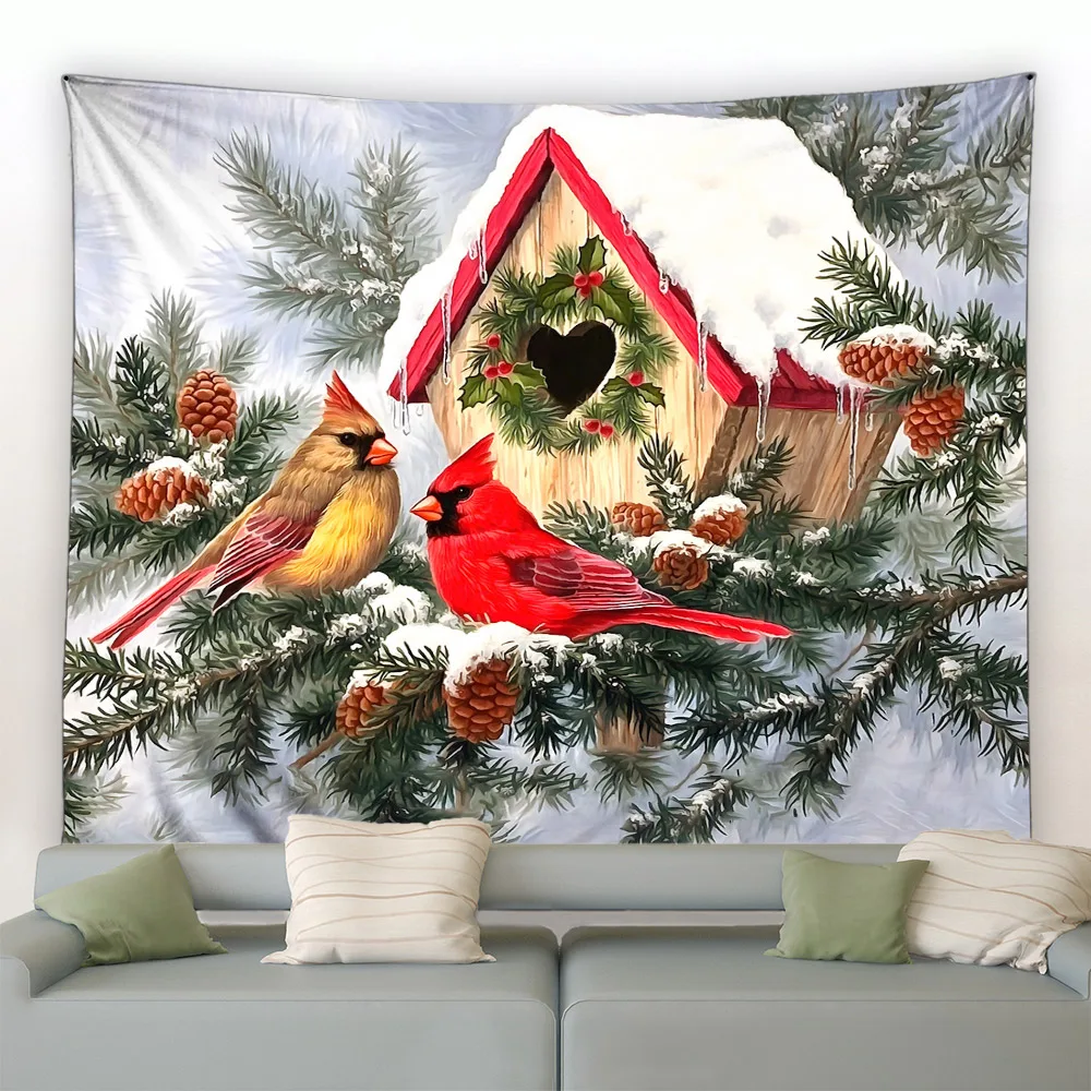 Winter Landscape Tapestry Snow Pine Trees Bird House Lake Rural Nature Scenery Wall Hanging Fabric Home Living Room Decor Murals