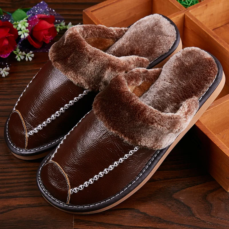 Men and Women Cotton Slippers Winter Home Warm Slippers Autumn Winter Real Leather Slippers Home Baotou Cotton Indoor Slippers