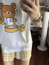 Cute Bear Print Short Sleeve T-Shirt Loose Comfortable Home Wear Student Casual Top Warm Soft Polyester round Neck Tee