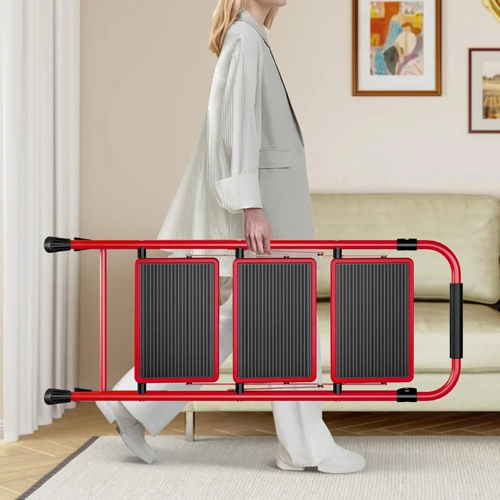 سلم قابل للطي بثلاث خطوات مع مشطات مضادة للانزلاق، خطوات واسعة، تصميم خفيف الوزن، مقعد محمول مع درابزين لاستخدام المطبخ