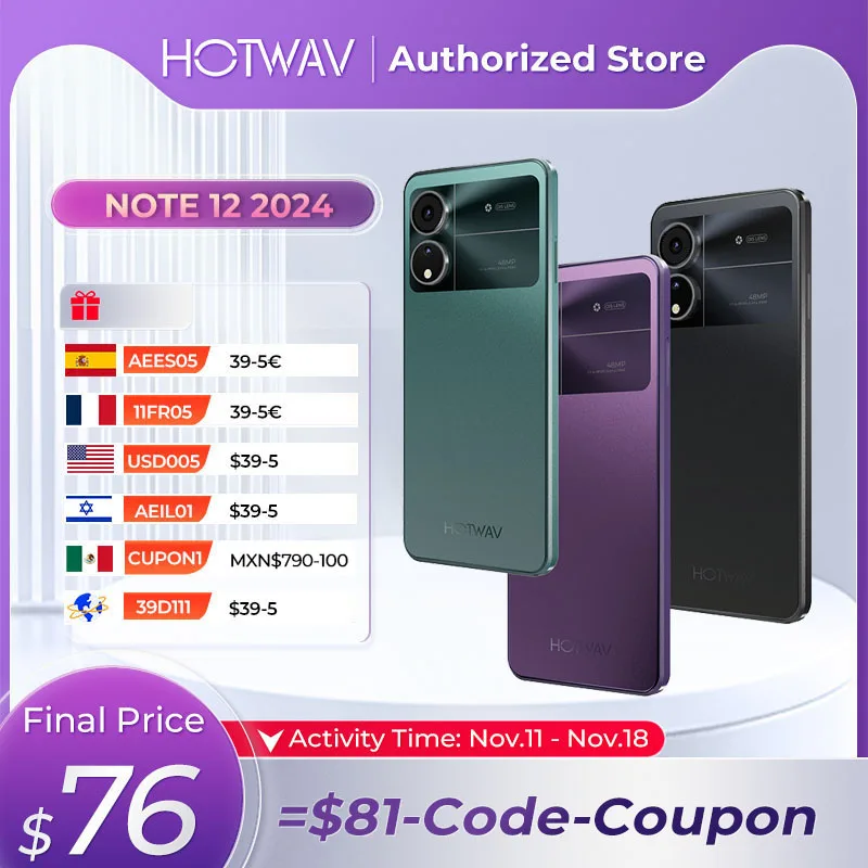 New HOTWAV Note 12 2024 Smartphone Android 14.0 5160MAH Cellphones 6+128GB 48MP+16MP+0.08MP Camera 6.8