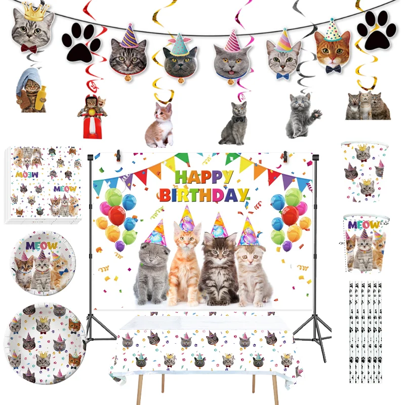 Meow decoración de fiesta de gatos y mascotas, Pancarta, servilletas de globo, plato, taza, mantel, corona de dibujos animados, Globos de gatito, suministros de cumpleaños para niños