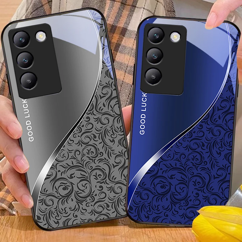 نمط التدرج ل Y72 33S 11 03 36 96 Lite 35 16 Iqoo 12 V40 SE 5G 29 40 21 30 X80 Pro Vivo حافظة هاتف من الزجاج المقسى أسود