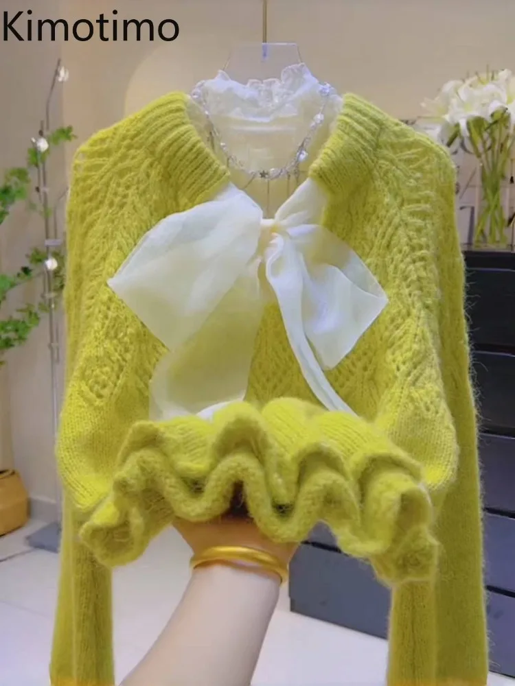 

Kimotimo Sweet Bow Lace Up Hollow Out Sweater Women 2025 Autumn Winter Long Sleeve Y2k Knitted Tops Fashion Versatile Pullover