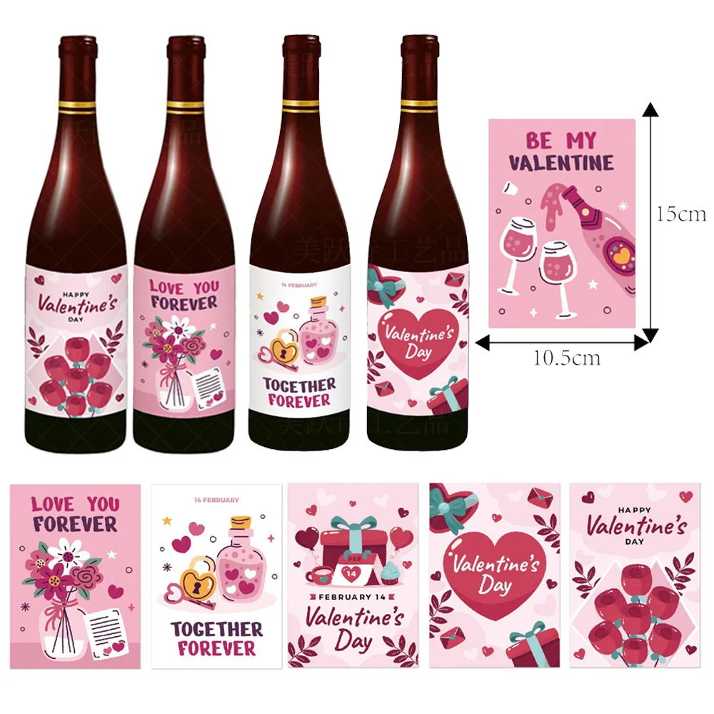 6pcs Pink Valentine's Day Theme Wine Bottle Stickers Rose Heart Flower Pattern Girls Birthday Party Wedding Decor Supplies Gifts