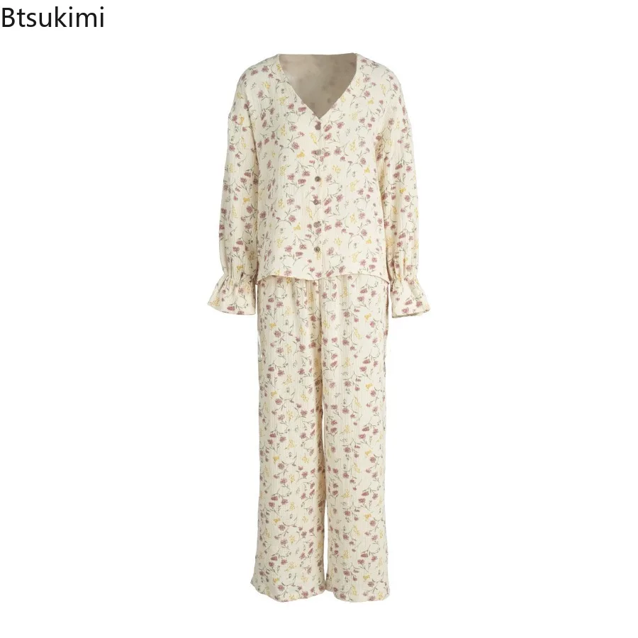 2025 Autumn Women's 100% Cotton Printed Cardigan Pajama Set Ladies Long Sleeved Pants Pajamas Loose Home Clothing Two Piece Set