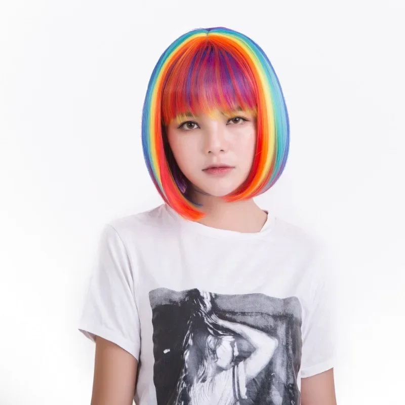 Cosplay Rainbow Bob Wig Multicolor Rainbow Short Bob Wig with Bangs Curly Wavy Synthetic Wig for Women Girls Party Accessories