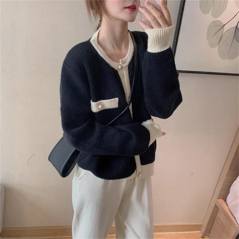 Single-breasted loose knitted cardigan for women, V-neck sweater, simple clothes, spring and autumn, 2023