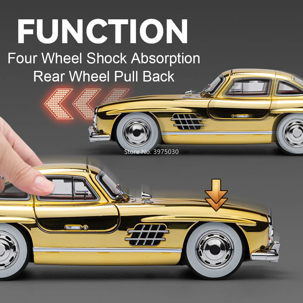 Modele samochodów Benz 300SL w skali 1:24, zabawki, kierownica, miniaturowe pojazdy z dźwiękiem i światłem, samochód vintage dla dzieci, prezenty na festiwale.