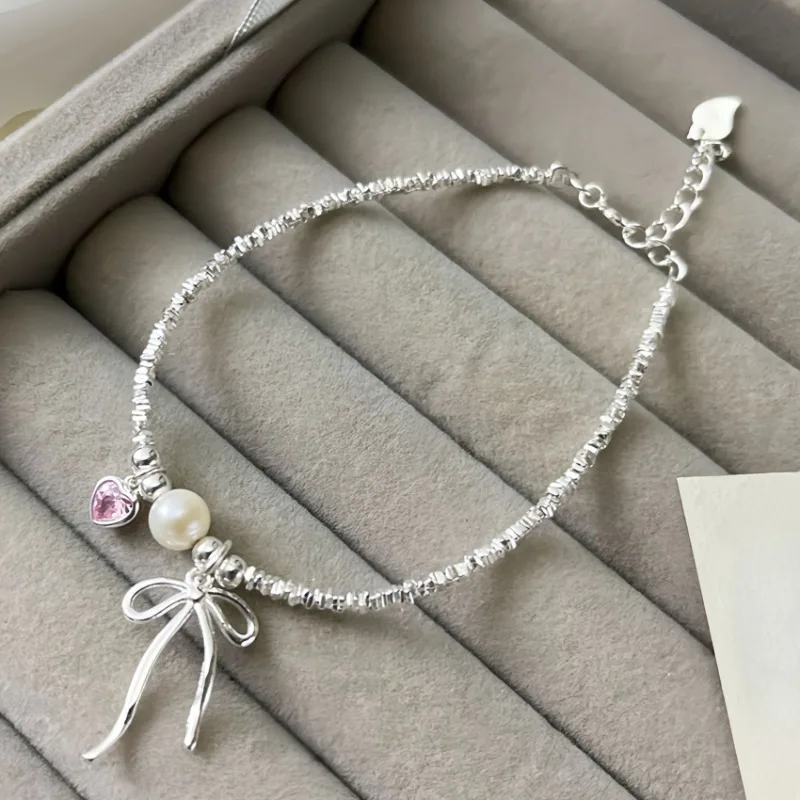 سوار على شكل قلب وردي من الفضة الإسترليني عيار 925 للنساء، سلسلة مجوهرات أنيقة على شكل فيونكة من اللؤلؤ هدية لحفلات أعياد ميلادها