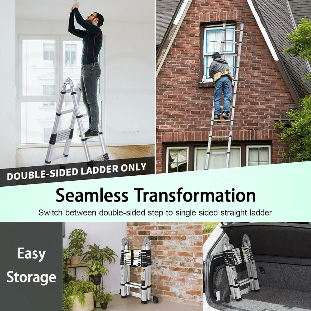 12.5FT الألومنيوم تصغير سلم تمديد 330 رطل قدرة الثقيلة طوي ألف الإطار EN131 معتمد للمكتب المنزلي #6