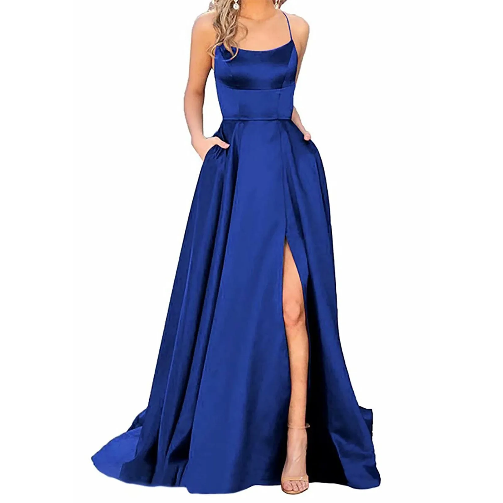 Galajurken Dames Lange Vrouwen Elegant Halter Rugloze Lange Dresser Satijn Spaghetti Feest Prom Jurk Zijsplit Bruiloft