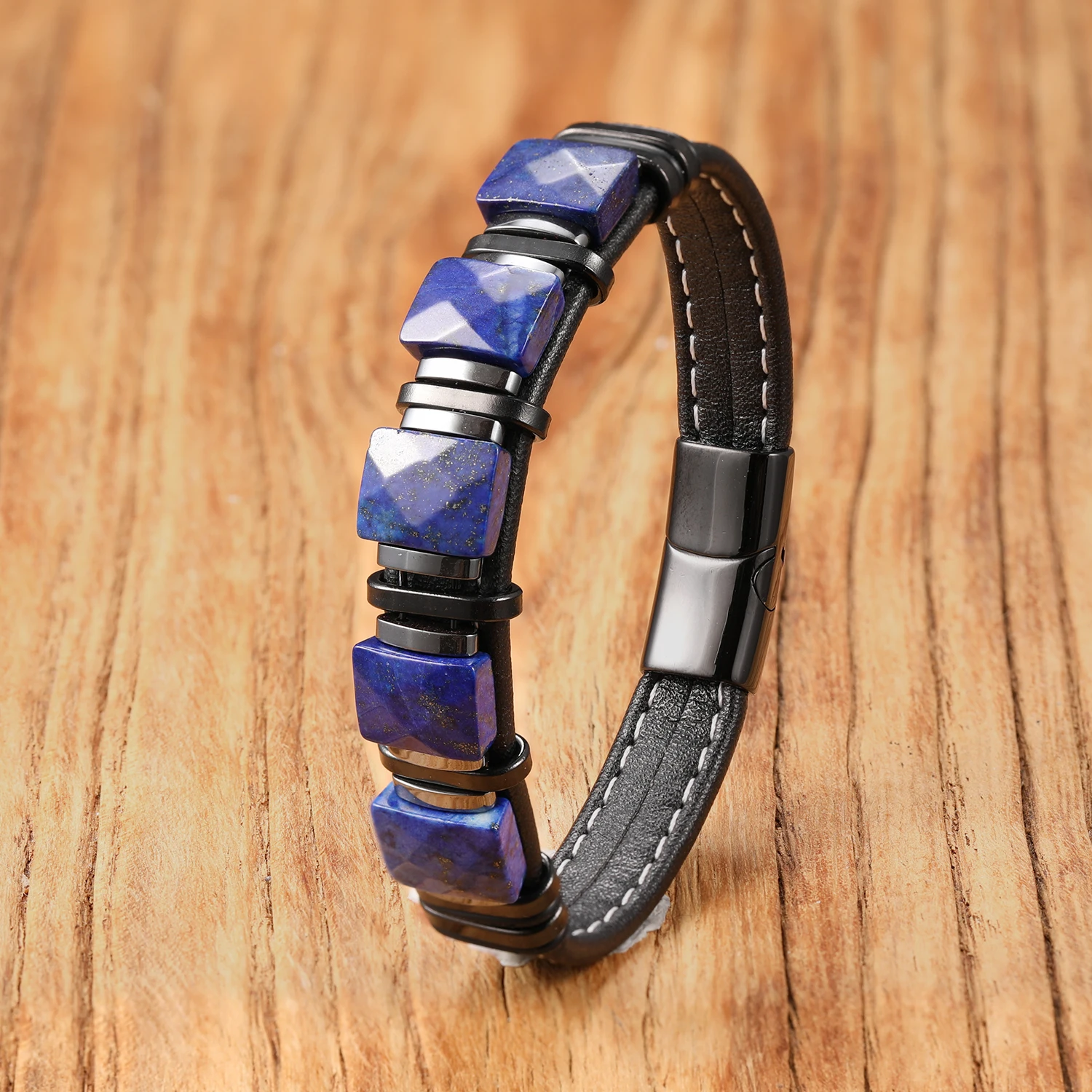 Naturfarbener Stein, Lederband-Armband, Edelstahlverschluss, Boho-Chic-Heilkristallschmuck, Geschenk für Frauen und Männer – Detail 5