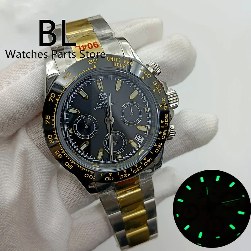 BLIGER 39mm Chronograph Multifunction Quartz Watch For Men VK63 Movement Black Dial TwoTone Silver Gold Strap Reloj Hombre Lume