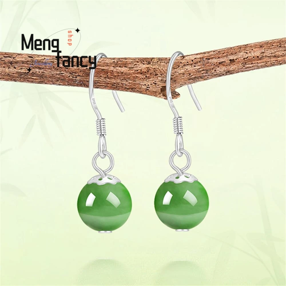 

Genuine S925 Silver-Inlaid Natural Hetian Jade Round Bead Earrings Fashion Simple Women's Style Luxury Jewelry Fine Holiday Gift