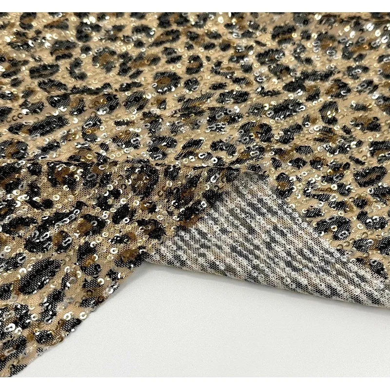 

Semi Transparent Glossy Drape Yellow Leopard Print Three-Dimensional Sequin Tassel Mesh Embroidery Fabric, Fashion Dress Fabric