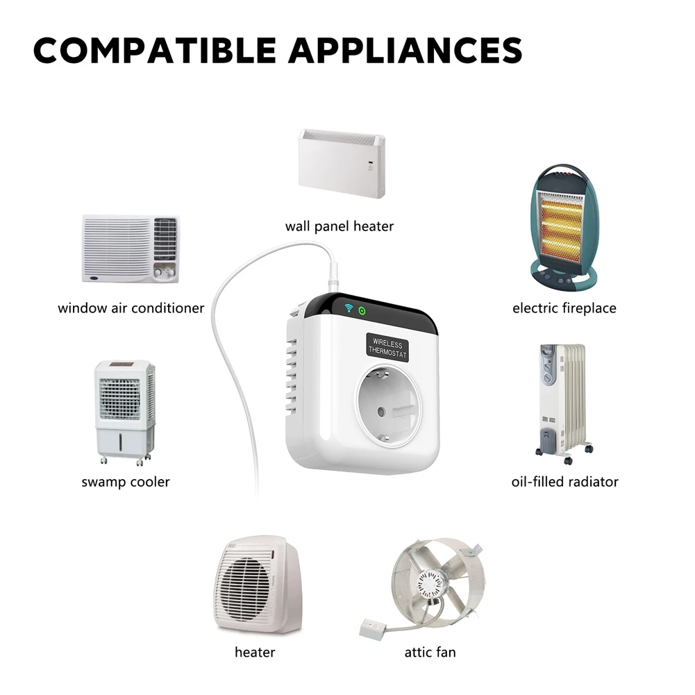 WiFi Inteligente Soquete Termostático Controlador de Temperatura, programável para SmartLife, Alexa, Google Assistente, Plug UE