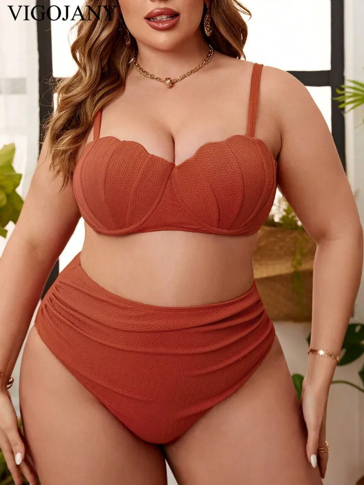 VigoJany 2025 Sexy Solid 2 Piece Plus Size Bikini Set Women Strapped Push Up Large Big Swimsuit High Waist Chubby Strój kąpielowy