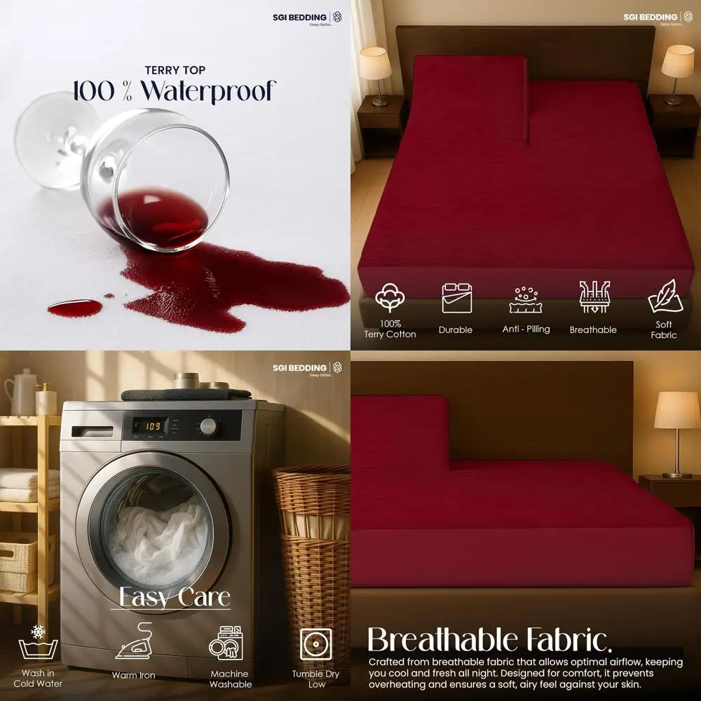 

Queen Size Waterproof Split Mattress Protector with Deep Pocket, Soft and Breathable Cover for Adjustable Beds, Burgundy