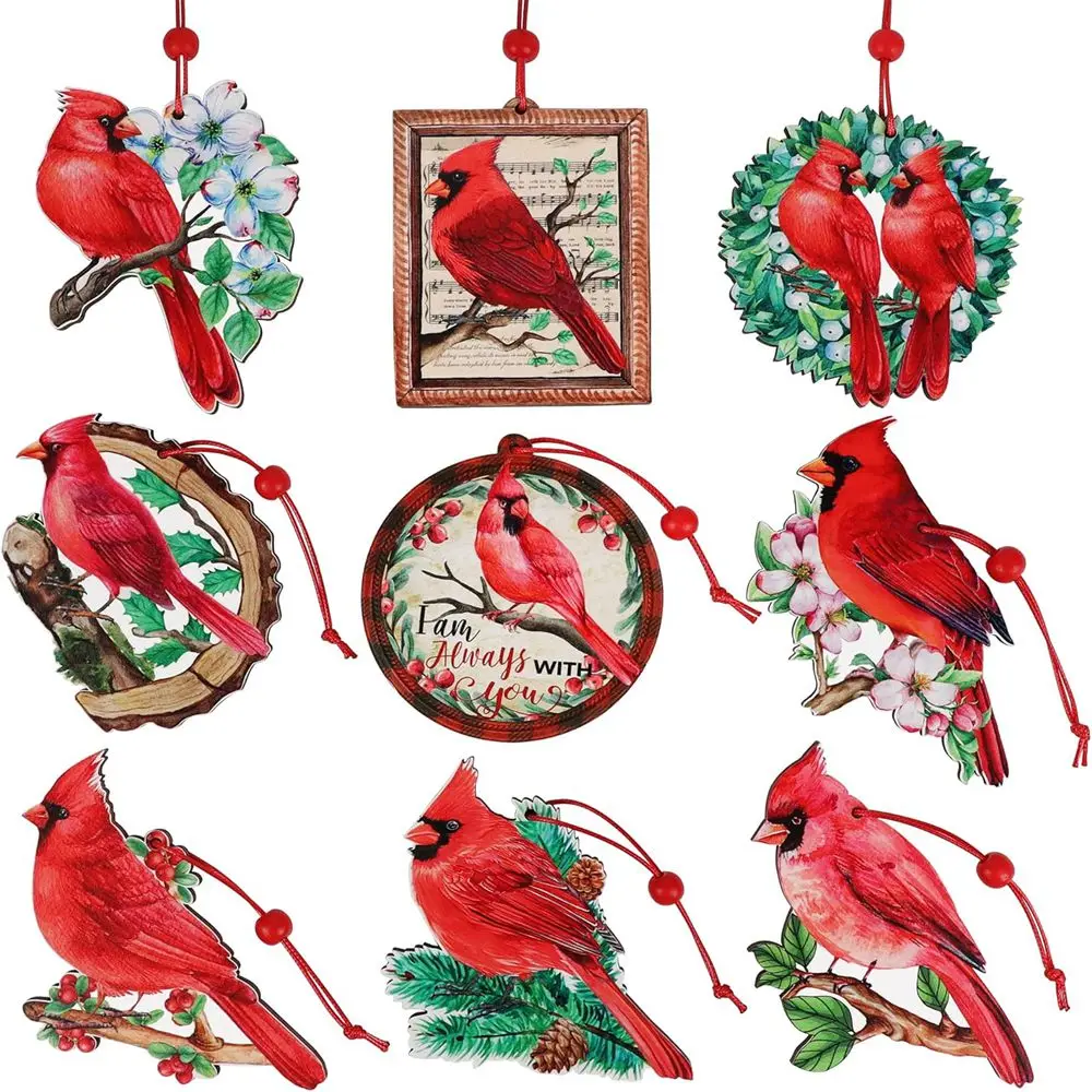 9pieces Red Cardinal Christmas Ornaments Wooden Cardinals Birds for Christmas Tree Ornament Decorations 2023 New Year Gifts