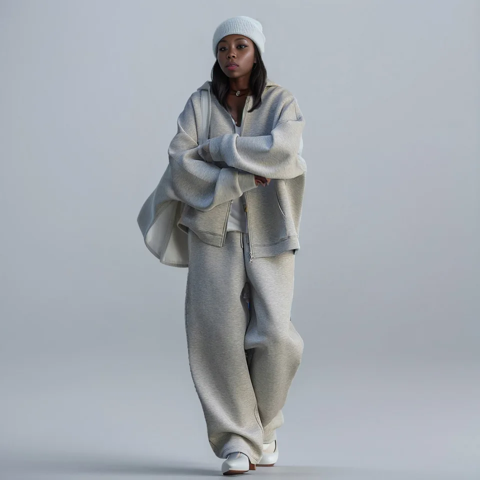 

Womens Set Korean style Silhouette Air Layer Hooded Sweater Pants Casual Zipper Jacket Drawstring Wide Legs Pants Two-piece Suit