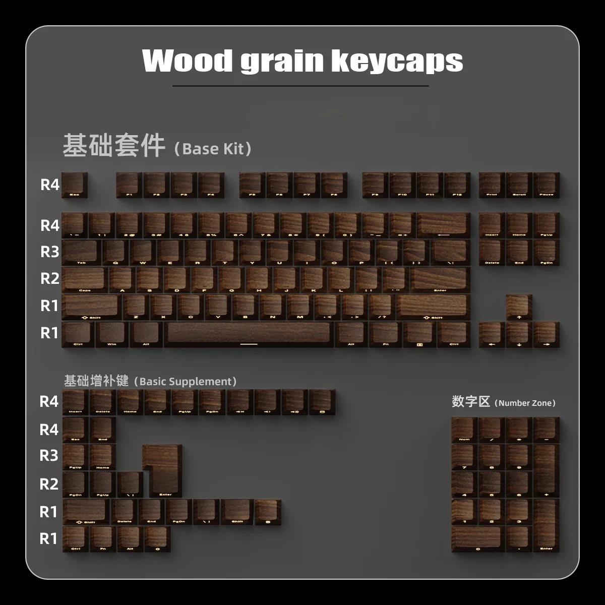 

Walnut grain side engraved keycap PBT hot sublimation character light transmission original factory highly customized