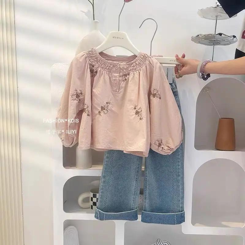 

Girls Set Spring and Autumn New Children's Pink Embroidered Doll Shirt Long Sleeve Loose Cowboy Wide Leg Pants 2-piece S