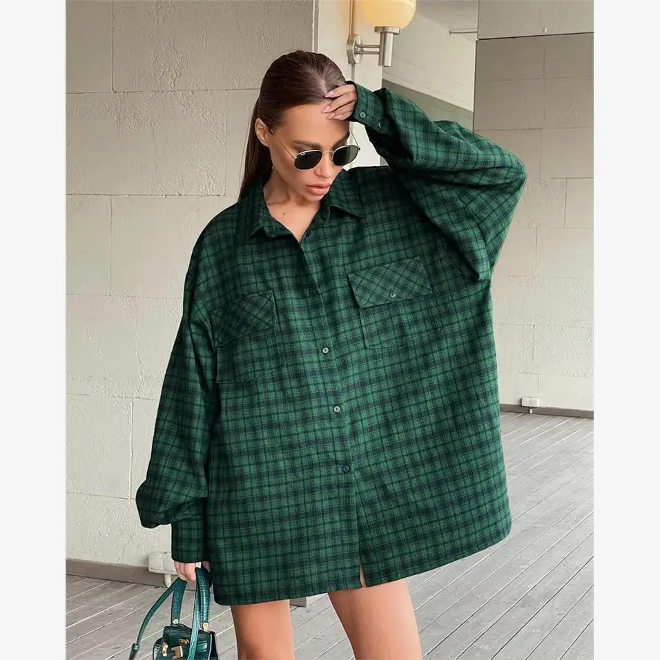 

New Spring Female Casual Blouse Women's Green Plaid Shirt 2026 Stylish Oversized Lapel Collar Long Sleeves Buttoned T-shirt