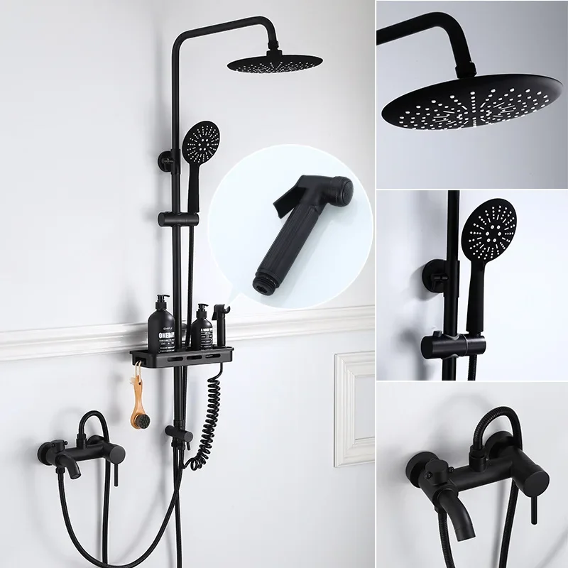 

Rainfall Shower Sets with Bathroom Shelf Black Bathtub Mixer Tap Brass Luxury Bath & Shower Faucet Set Bathtub Faucet