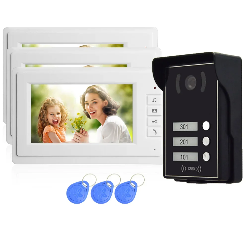 RFID Inductive Card Door Unlock Wall Mounted 3 PCS 7 inch Color Monitor Doorbell For House Smart Control Building Talk-back