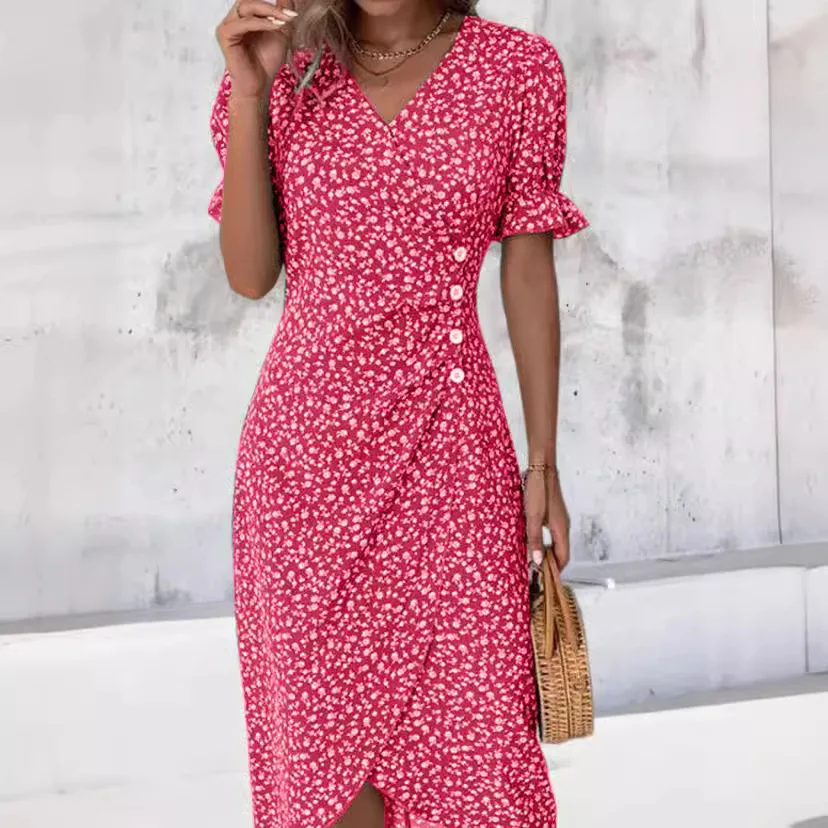 Women Summer Button V Neck Bubble Sleeve Irregular Hem Midi Dress Short Sleeved Floral Printe Slim Fit Casual Ladies Long Skirts