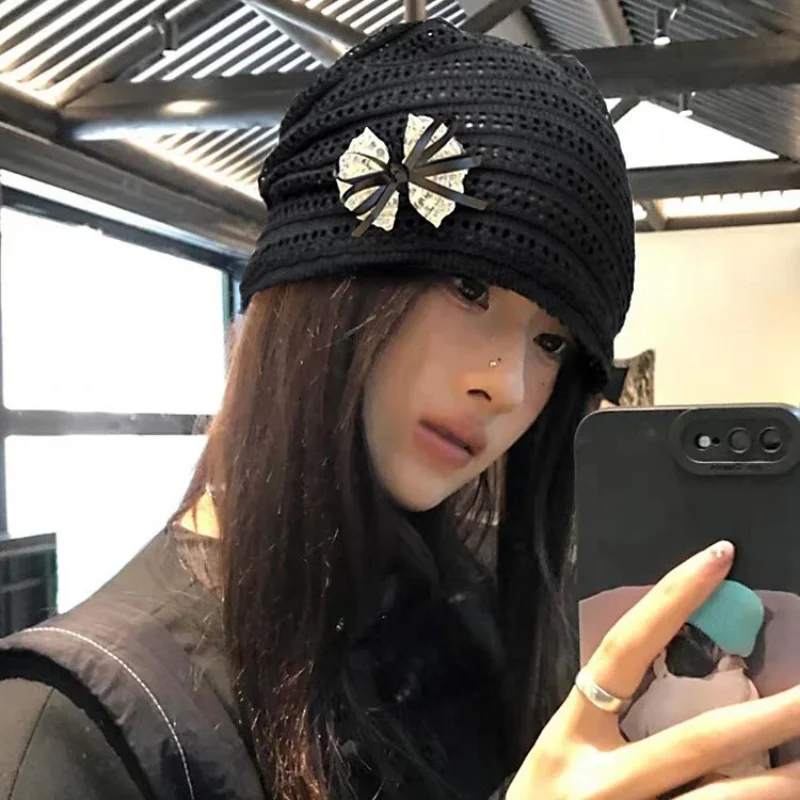 

Korean Sweet Lace Bow Decorative Pullover Hat Women's Spring Summer Thin Solid Color Hollow Breathable Skull Beanie Cap