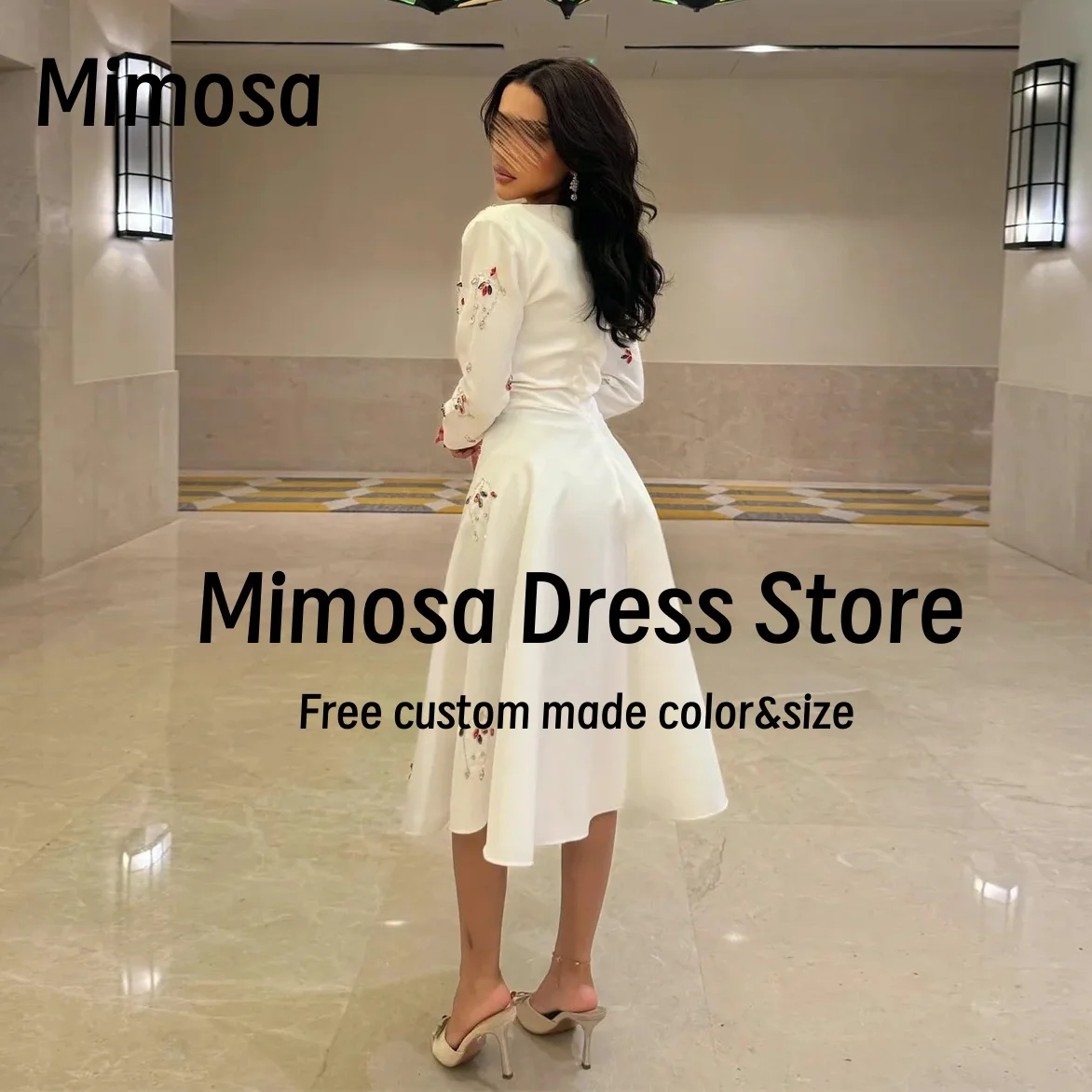 Mimosa Crew Neck Prom Dresses Crystals Long Sleeves Homecoming Party Graduation Dress Zipper Back Evening Gowns Customized